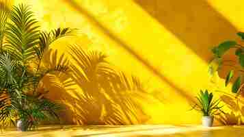 Photo sunny room with a tropical plant casting shadows on a yellow wall bright and peaceful interior decor with natural elements perfect for modern lifestyle design concepts ai