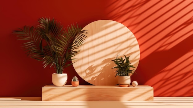 陽のついた部屋 - オレンジ色の背景に木製のアクセントと植物のポット