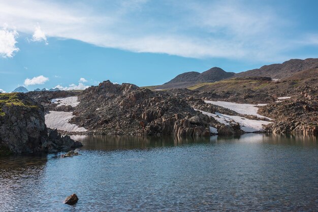 Sunny scenery with ripples on calm water surface of high mountain lake among sunlit sharp rocks with snow Tranquil relaxing view to glacial lake in sunlight under cloudy sky in changeable weather