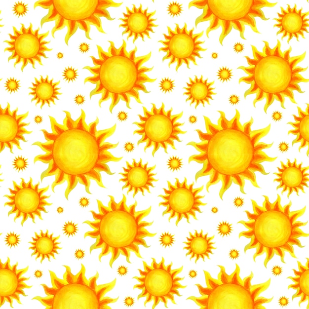солнечный бесшовный узор желтое солнце летом яркий Handdrawn узор огненные лучи солнца