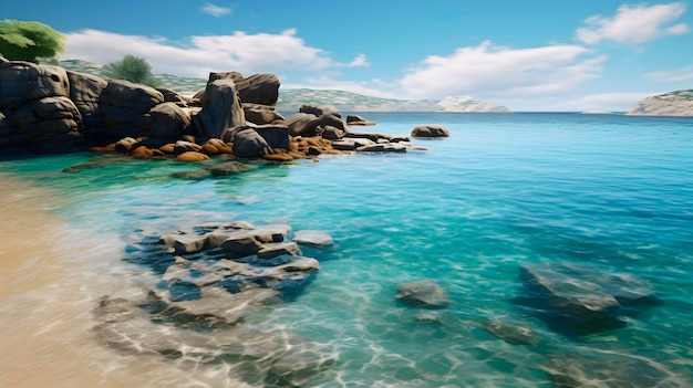 Солнечный берег моря с красивым пляжем, ярко-голубой водой и разноцветной галькой