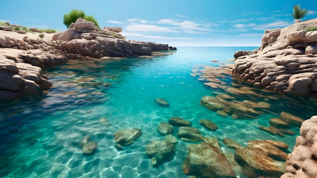 Sunny seashore with a beautiful beach and bright blue water and colorful pebbles