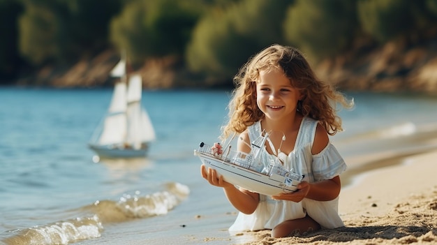 Sunny Seaside Adventures A Playful Little Girl's Beachside Fun with a Toy Ship