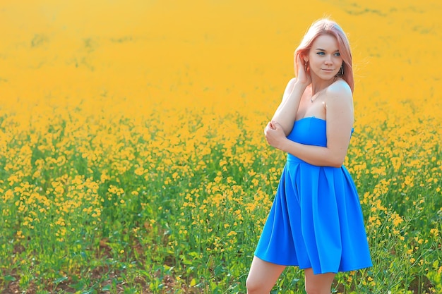 sunny season field yellow flowers attractive lady, beautiful springtime, nature female background