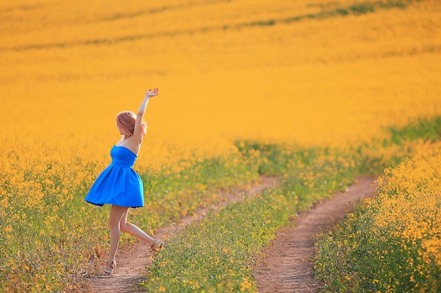 sunny season field yellow flowers attractive lady, beautiful springtime, nature female background