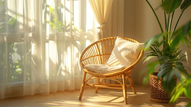 Sunny Serene Corner with Wicker Chair and Lush Houseplant