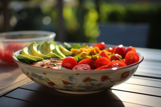 Foto sunny side salad bright chicken salad bowl verdure sane immagine di insalata di pollo