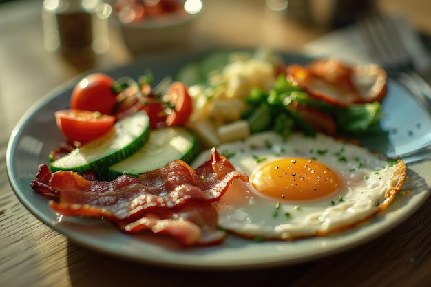 Photo sunny side up egg with bacon and salad on plate