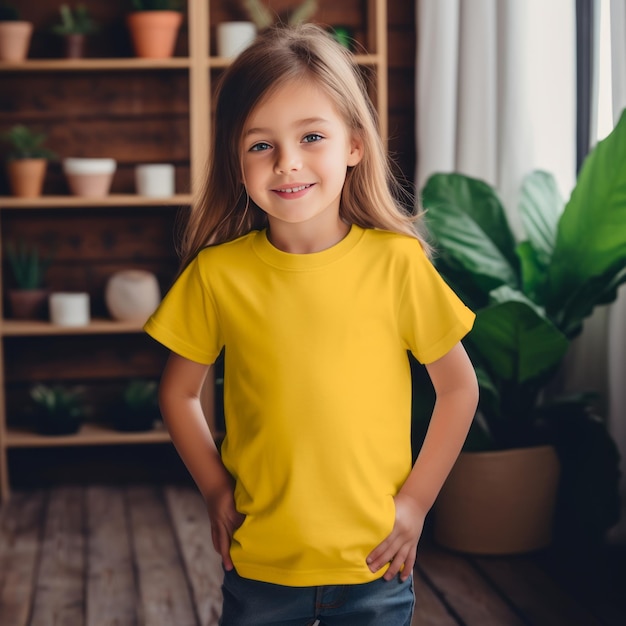サニー・サイド・アップは,Smaが着用するファッショナブルな黄色いTシャツで,高解像度のモックアップデザインを抱きしめます.