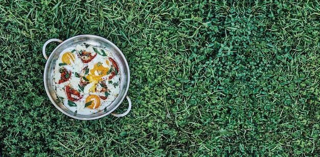 Foto uova di fattoria dal lato soleggiato con aggiunta di pomodori, timo, cipolla e formaggio in padella di metallo sull'erba