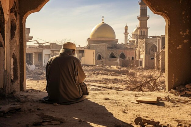 Солнечная утешительная молитва пожилого мусульманина на фоне разрушения мечети