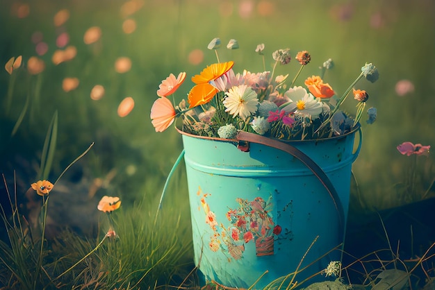 Sunny spring background with a bucket of wildflowers Illustration Generative AI