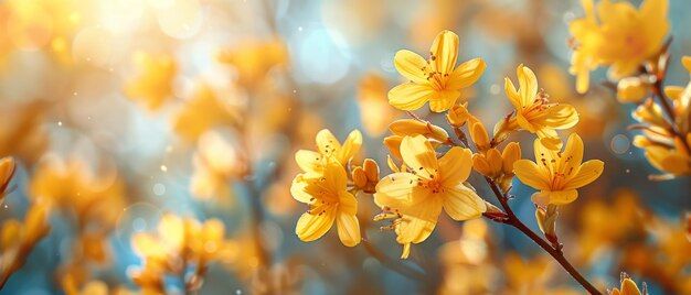 On a sunny spring day blooming yellow forsythia flowers are surrounded by a floral background