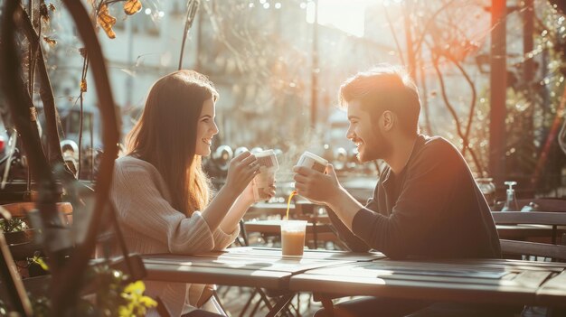 晴れた春の喜び 美しいカップルがカフェでコーヒーを飲みながら花を愛する