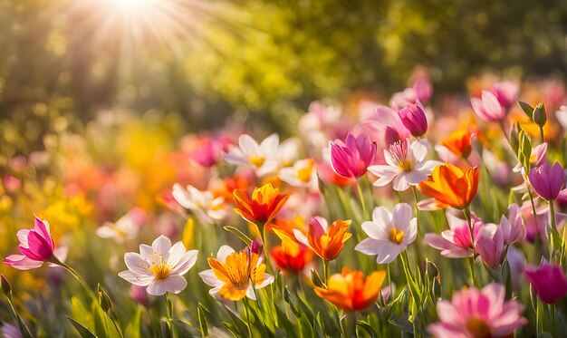 Sunny spring field Vibrant flowers under the sun