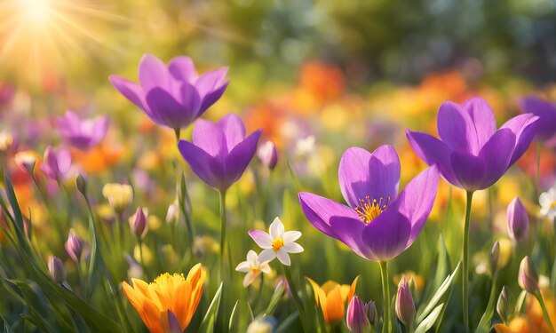 Sunny spring field Vibrant flowers under the sun