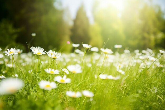 Солнечная весенняя трава, луг, ромашка, цветы генерируют ИИ