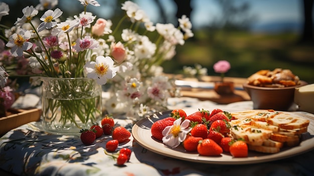 Photo sunny spring meadow picnic with delicious food