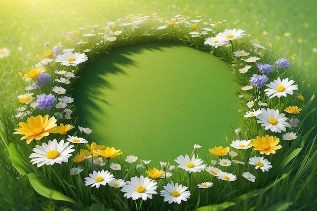 Sunny spring season bloomig meadow copy space background In circle frame Created with Generative AI technology