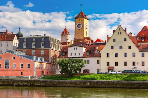 Sunny Stone Bridge and Old Town of Regensburg, eastern Bavaria, Germany