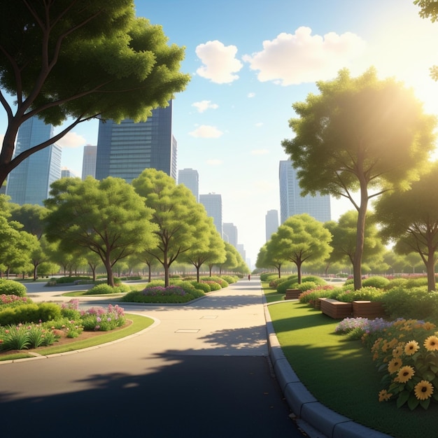 Вид на солнечную улицу Эко-Сити-парка Зеленый оазис среди городского великолепия AIGenerated