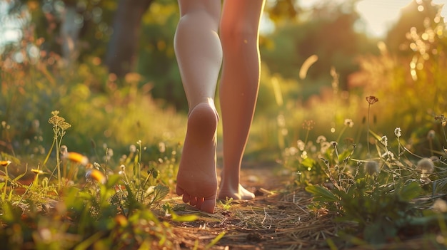 On a sunny summer day a young girl is walking barefoot generative Ai