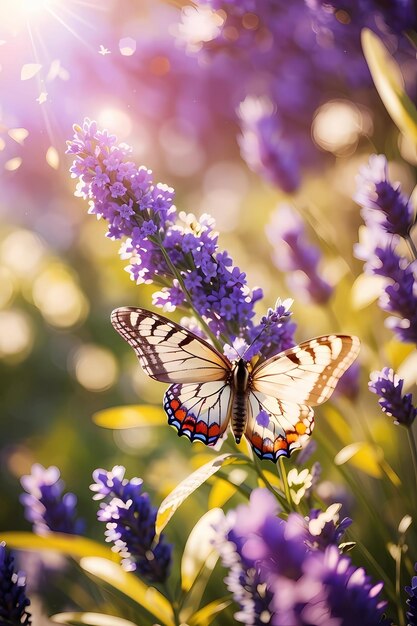 晴れた夏の自然の背景にフライバタフライとラベンダの花と日光とボケアアウトド