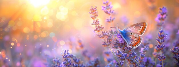 Sunny summer nature background with fly butterfly and lavender flowers with sunlight and bokeh