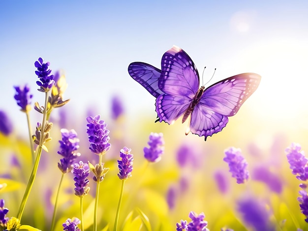 Sunny summer nature background with fly butterfly and lavender flowers with sunlight and bokeh