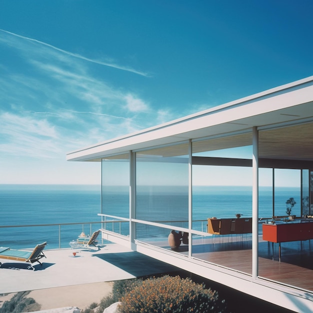 Sunny tranquil modern luxury home showcase exterior with infinity pool and ocean view