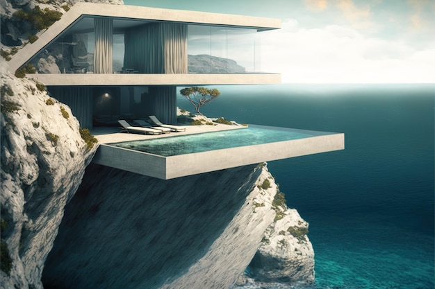 Sunny tranquil modern luxury home showcase exterior with infinity pool and ocean view