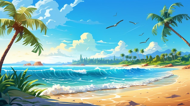 sunny tropical beach with palm leaves and paradise island