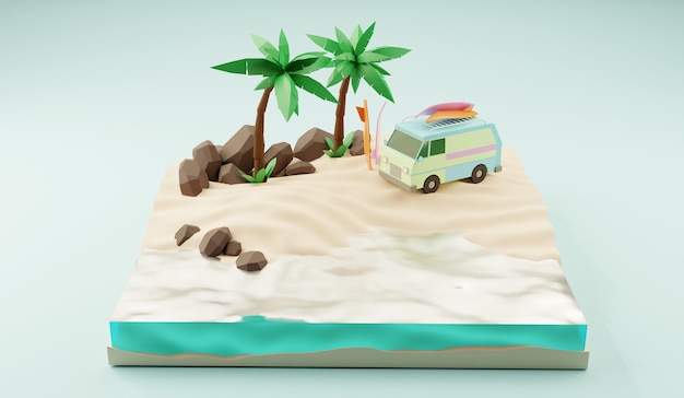 밴과 surf.3D 렌더링이 있는 화창한 열대 해변