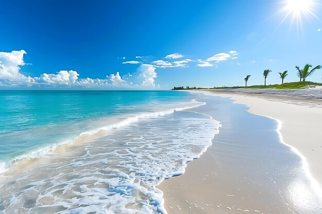 Sunny tropical Caribbean paradise beach with white sand and palms