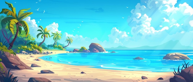 Солнечный тропический прибрежный пейзаж с спокойной голубой водой, песком, каменными пальмами и пустым небом, полным облаков.