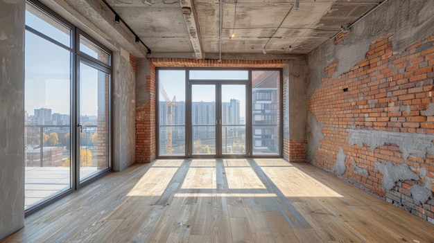 Photo sunny urban loft space with exposed brick and modern windows city view empty rental room