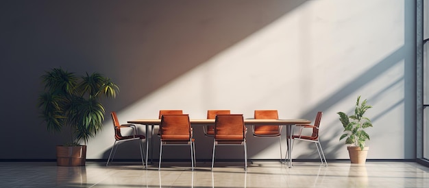 Солнечный городской офисный зал для встреч со стульями, столом с документами и чашей с кофе на нем