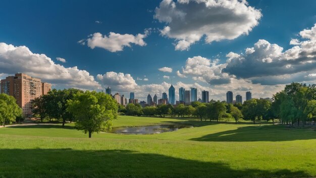 Photo sunny urban park landscape with skyscrapers and lush greenery