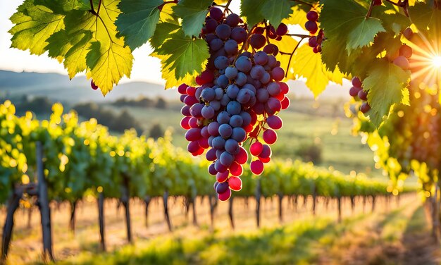 Sunny vineyard with clusters of ripe grapes in focus