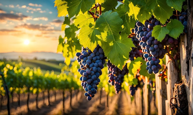 Sunny vineyard with clusters of ripe grapes in focus