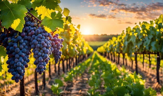 Sunny vineyard with clusters of ripe grapes in focus