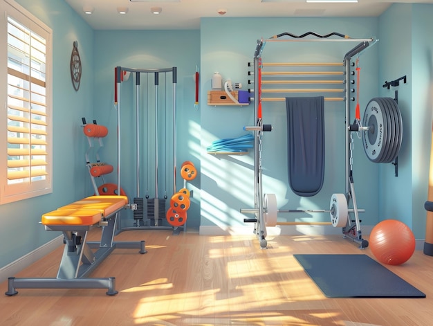 a sunny well equipped home gym with weights and exercise gear