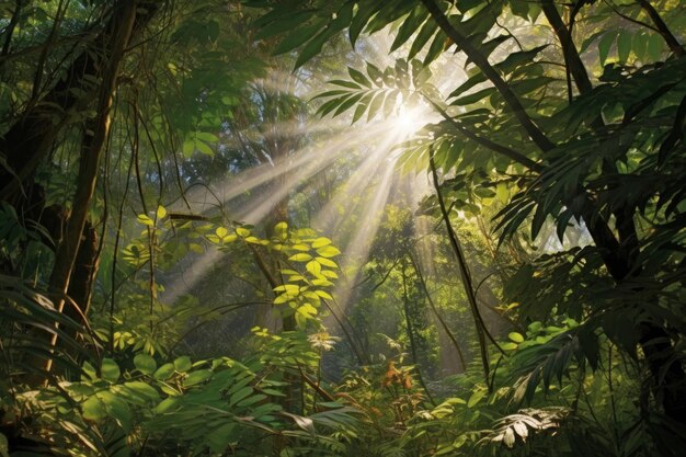 Sunrays peaking through lush canopy leaves created with generative ai