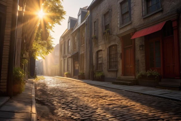 Sunrays peeking through buildings onto cobblestone street created with generative ai