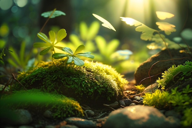 Sunrays peeking through dense foliage casting dappled light on the forest floor