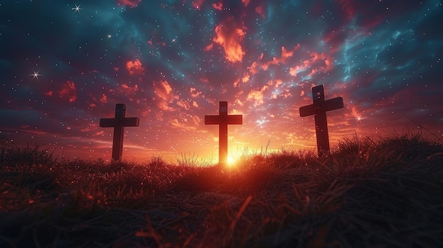 At sunrise 3 wooden crosses with cloudy and starry skies in the background