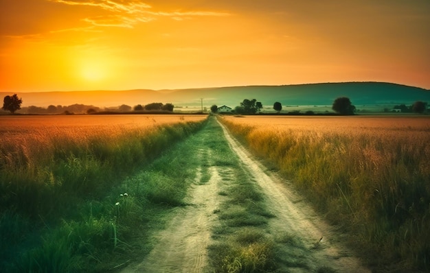 Sunrise across a road leading into a field with a yellow field