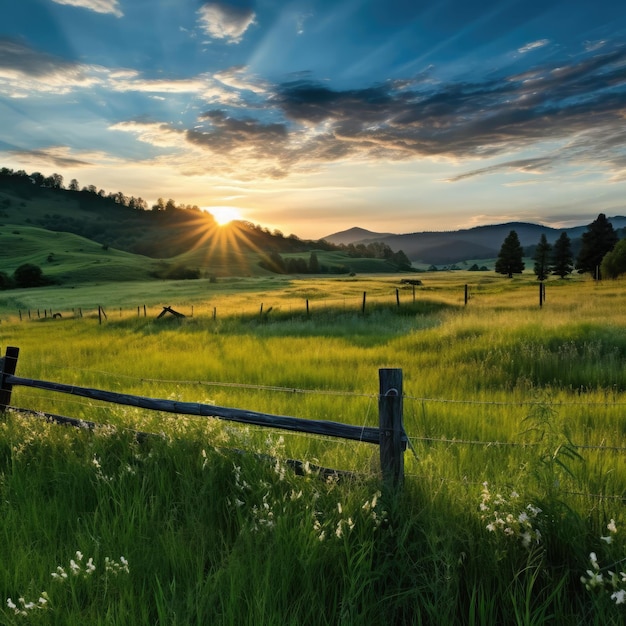 Sunrise against the backdrop of a field with grass