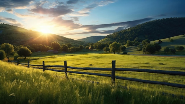 Photo sunrise against the backdrop of a field with grass