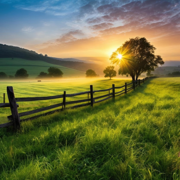 Photo sunrise against the backdrop of a field with grass